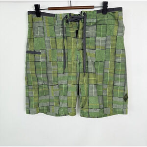 Prana Board Shorts Mens Size 30 Green Abstract Print Tie Waist Zip Pocket